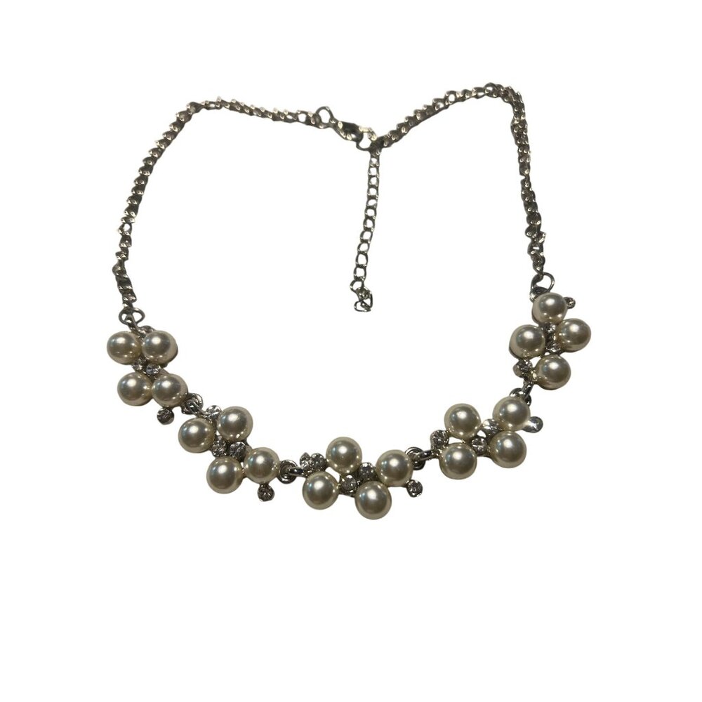 Silver Tone Articulated Faux Pearl Rhinestone Collar Necklace Choker Adj 19"